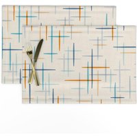 Mid Century Moderne Tischsets | 2Er-Set - Spatial Blue Aqua Orange Von Theodesign Hashmarks Retro Inspirierte Stoff Spoonflower von SpoonflowerHome