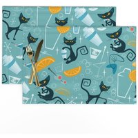 Mid Century Tischset 2-Er Set - Atomic Age Katzen Aqua Mint Modern Stoff Tischsets 1950S Und Cocktails Vonroofdog_Designs von SpoonflowerHome