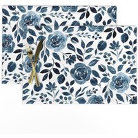 Rosen Tischsets 2Er Set - Blumengarten Aquarell Marine Stoff Marineblau By Red_Raspberry_Design von SpoonflowerHome