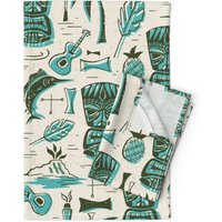 Tiki Geschirrtücher | 2Er Set - Tropical Cream Aqua Von Heatherdutton Polynesian Beach Palm Trees Leinen Baumwolle Spoonflower von SpoonflowerHome
