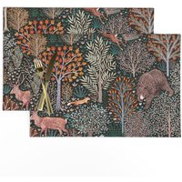 Woodland Tischsets 2Er Set - Rustikale Herbst Erntedank Tiere Blätter Kiefer Stoff Rustikaler Herbstwald By Rebecca_Reck_Art von SpoonflowerHome