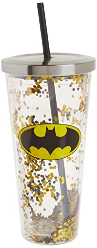 Spoontiques - Glitzergefüllter Acrylbecher – Glitzerbecher mit Strohhalm – 590 ml – Edelstahl-Verschlussdeckel mit Strohhalm – doppelwandig isoliert – BPA-frei – Batman von Spoontiques