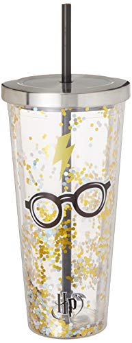 Spoontiques - Harry Potter Becher – Gläser Glitzer Becher mit Strohhalm – 590 ml – Acryl – Gold von Spoontiques