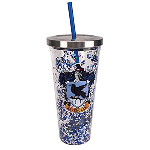 Spoontiques - Harry Potter Becher – Ravenclaw Glitzerbecher mit Strohhalm – 590 ml – Acryl – Blau von Spoontiques