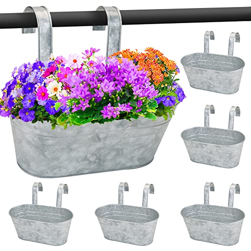 Sporgard Metall-Blumentöpfe zum Aufhängen von Geländerzaun, verzinkter Stahl, hängende Eimertöpfe, Landhausstil, Fenster-Pflanzenhalter mit abnehmbaren Haken, Heimdekoration, Blumenhalter (Silber, 5) von Sporgard