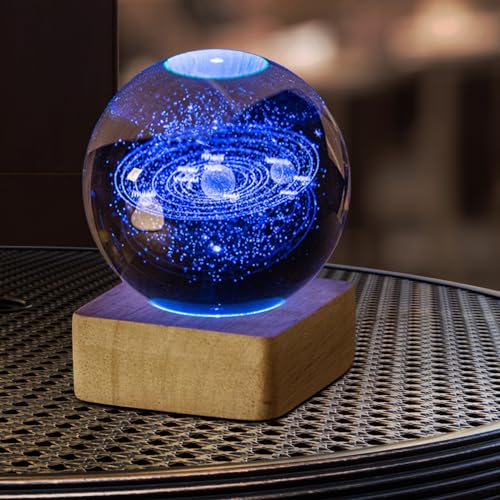3D Galaxy Ball Nachtlicht: Kristallkugel Nachtlicht Moon Lampe mit Holzsockel, 3D Sonnensystem Kristallkugel Nachtlicht 6cm Glaskugel Moon Lamp für Kinderzimmer Schlafzimmer Cafe Party (Sonnensystem) von Sporgo