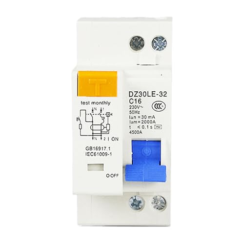 Fi Schutzschalter 1P+N Fehlerstromschutzschalter: Sporgo AC 230V 30mA C16 LS Schalter RCD 2-Polig 16A Mit Auslaufschutz Überlastschutz, Sicherungsautomat (A) von Sporgo