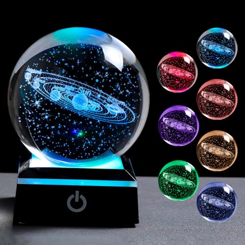Sporgo 3D Sonnensystem Kristallkugel Nachtlicht: 80mm K9 Glaskugel Nachtlicht mit Multicolor LED Basis, USB 3D Planeten Nachtlampe Dimmbar Dekorative Lichter, für Wohnkultur, Geburtstags Geschenke von Sporgo