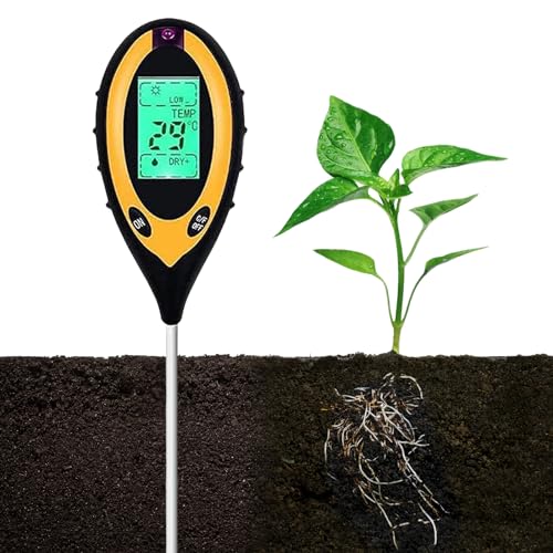 Sporgo 4 in 1 Bodenmessgerät: Boden-pH-Meter Tester Bodentester Feuchtigkeitsmesser mit LCD-Display, Licht, pH-Wert, Temperatur und Luftfeuchtigkeit, PH Wert Boden Messgerät für Rasen Pflanzen Garten von Sporgo