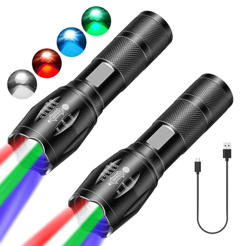 Sporgo 4 in 1 LED Taschenlampe: 2 Pack Multifunktionale Taschenlampe mit Rot, Grün, Blau, Weißes Licht, Super Helle Wasserdichte Taschenlampe, Verstellbarem Fokus Mehrfarbige LED-Taschenlampe von Sporgo