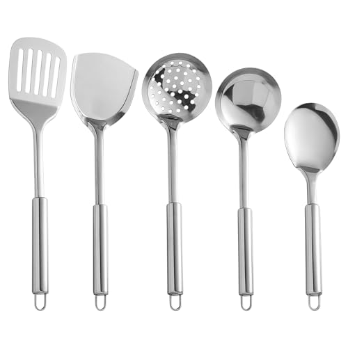 Sporgo Edelstahl Küchenhelfer Set: 5-teiliges Kochutensilien-Set Edelstahl Kochlöffel Set, Kochbesteck Küchenutensilien mit Suppenkelle, Schaumlöffel, Schlitzspatel, Schlitzlöffel, Spatel von Sporgo
