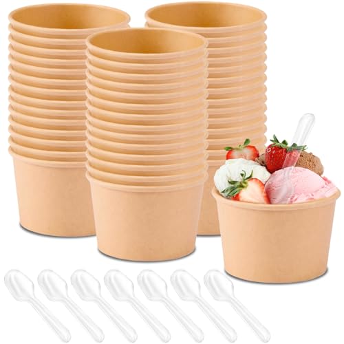 Sporgo Suppenbecher to Go 50 Stück: 240ml Pappbecher Eisbecher Pappe Müslibecher Mit 50 Stück Löffeln, Braun Suppentassen Kompostierbare Becher mit PLA für Snacks Suppe Salat Nachtisch Vorspeisen von Sporgo