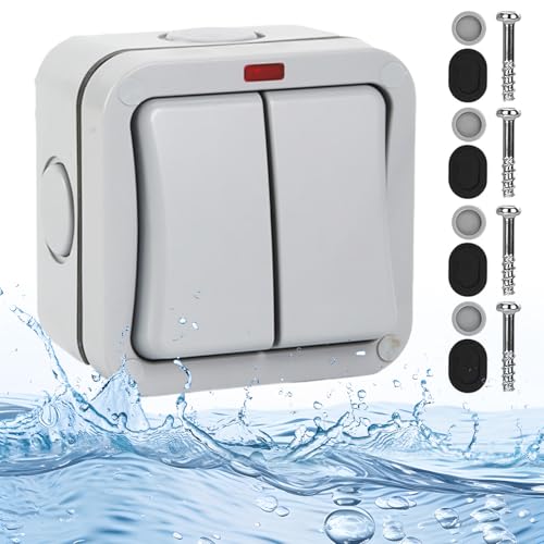 Sporgo Universalschalter Wetterfester Schalter Doppelschalter, 20A IP66 Wasserdicht Schalter mit Unabhängigem Schalter Und Kontrollleuchte, Grau Aussen Switch Lichtschalter für Outdoor Garten Balkon von Sporgo