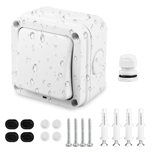 Universalschalter Wasserdichter Schalter: IP66 Wetterfester Schalter Lichtschalter mit Kontrollleuchte und Unabhängigem Schalter, 16A Wasserdicht Schalter für Outdoor Garten Balk Terrasse (Weiß) von Sporgo