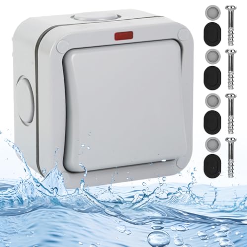 Universalschalter Wetterfester Schalter Lichtschalter: 20A IP66 Wasserdicht Schalter mit Unabhängigem Schalter Und Kontrollleuchte, Grau Aussen Switch für Outdoor Garten Balkon (1 Gang) von Sporgo