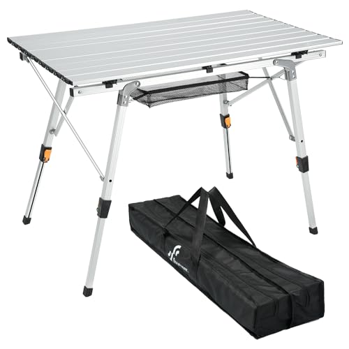 Sportneer Klapptisch Campingtisch für draußen:Tragbarer Picknicktisch mit Verstellbarer Höhe, Klappbarer Campingtisch mit aufrollbarer Aluminium Tischplatte zum Zelten Camping Garten Küche,Silber von Sportneer
