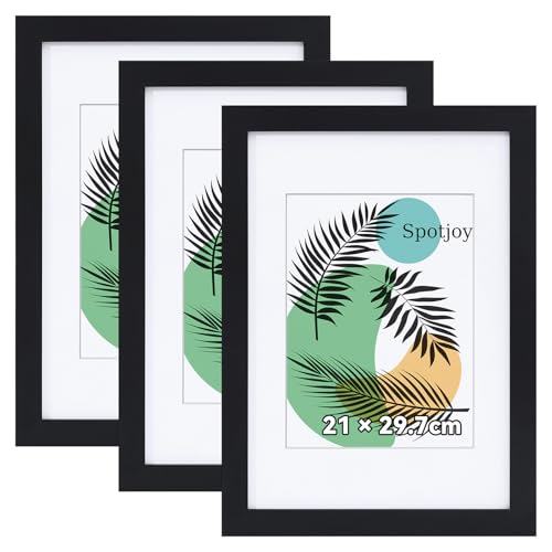 Spotjoy Bilderrahmen 21 x 29.7cm Din A4, 3er Set, MDF-Rahmen Holzrahmen mit Acrylglas Fotorahmen für Tisch- und Wandmontage Echtholz Passepartout Dokumentenrahmen Zertifikatsrahmen, Schwarz von Spotjoy