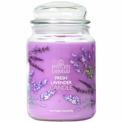 Spotless Leopard Fresh Lavender Candle 22oz Glasgefäß mit Holzdocht in einem dekorierten Glas in einer Präsentationsgeschenkbox und einer schützenden Versandbox von Spotless Leopard