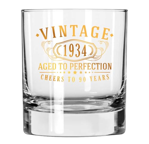 Whiskey Rocks Glas im Vintage-Stil von 1934, bedruckt, goldfarben, 325 ml, Happy 90th Birthday Geschenk für Männer, Cheers to 90 Years, Turning 90 Dekorationen, Jahrestag, Geburtstag, Partyzubehör, von Spotted Dog Company