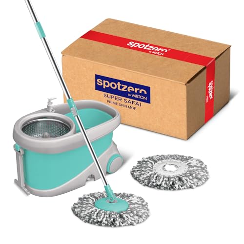 Spotzero by Milton Eimer auf Rädern, ausziehbarer Griff| Flüssigkeitsspender|360-Grad-Wischmopp-Eimer-Bodenreinigungs- & Wischsystem mit 2 Mikrofaser-Nachfüllungen (Wassergrün, Prime Spin Mop) von Spotzero