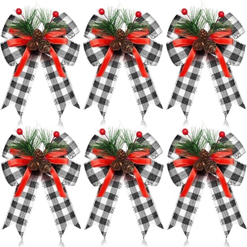 Spourita 12 Stück Weihnachtsschleifen in Schwarz und mit Tannenzapfen und Tannennadeln, Kariertes Weihnachtsband, Schleifen für Den Weihnachtsbaumschmuck von Spourita