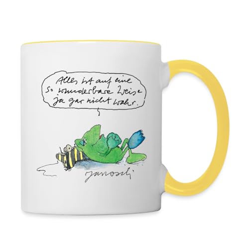 Spreadshirt Janosch Auf Wunderbare Weise Nicht Wahr Tasse, One size, Weiß/Gelb, Keramik, 325 ml, Tasse mit Henkel, Klassisch, Zuhause, Heißgetränke, Tierdruck, Kratzfest und UV-beständig von Spreadshirt