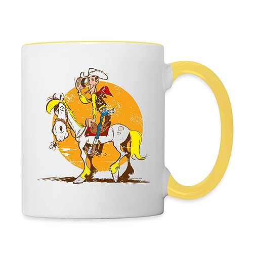 Spreadshirt Lucky Luke Jolly Jumper im Sonnenuntergang Tasse Zweifarbig, One size, Weiß/Gelb von Spreadshirt