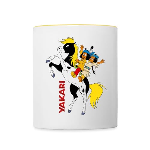 Spreadshirt Yakari Und Regenbogen Auf Pferd Kleiner Donner Tasse Zweifarbig, One size, Weiß/Gelb von Spreadshirt
