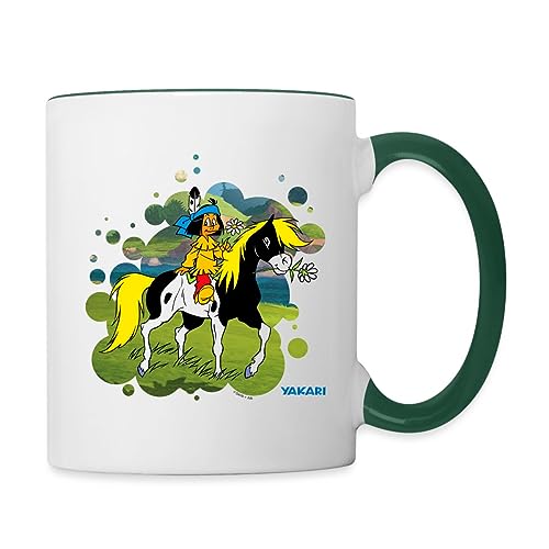 Spreadshirt Yakari Indianer Reitet Aus Auf Pferd Kleiner Donner Tasse Zweifarbig, One size, Weiß/Dunkelgrün von Spreadshirt