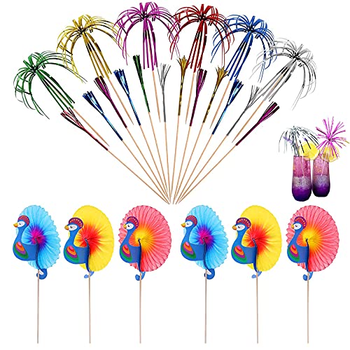 150 Stück Cocktail Sticks Bunt Cocktailspieße Pfau und Feuerwerk Sticks Sandwich Cocktail Picks Cupcake Topper Zahnstocher für Kuchen Dekoration Holzsticks für Obst Cocktails Cupcakes von Sprießen