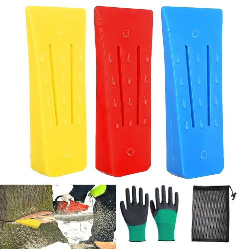 Sprießen 3 Stück Fällkeil Kunststoff,Fällkeile Set6 Zoll Mit Handschuhen Und Aufbewahrungstasche,Fällkeil Set Für Kontrollierten Holzeinschlag (Rot, Blau, Gelb) von Sprießen