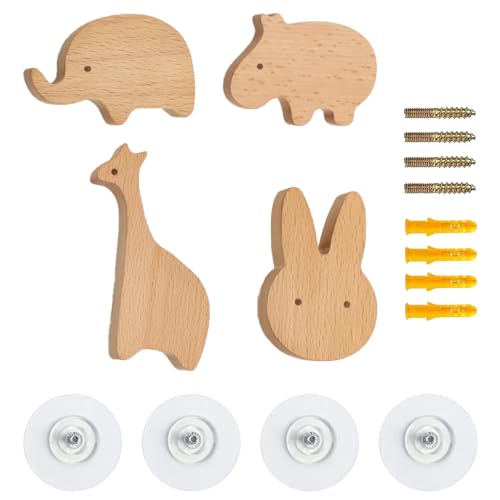 Sprießen 4 Stück Kindergarderobe Haken Holz,Kleiderhaken Kinder,Wandhaken aus Holz in Tierformen,Holz Wandhaken,Garderobenhaken Holz für Kleidung Schal Hut Tasche von Sprießen