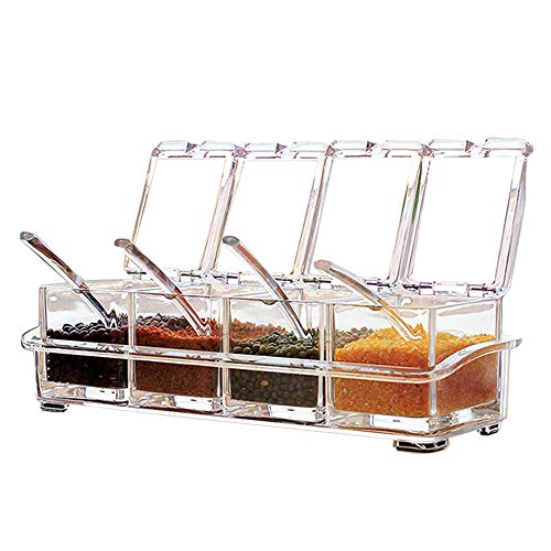 Sprießen 4 Stück Küche transparent Acryl Würze Box Vier in One Spice Dosen mit Löffeln und Gewürzbehälter, Küchenutensilien von Sprießen