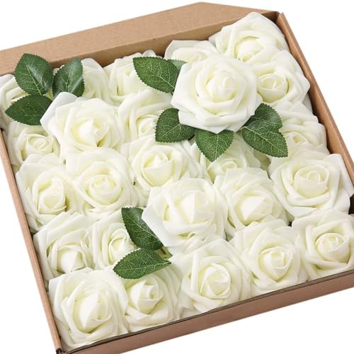 Sprießen 50 Stück künstliche Rosen für DIY Blumensträuße Hochzeit Party Baby Dusche Home Geburtstag Party Dekoration 10 dekorative grüne Blätter(Weiß von Sprießen