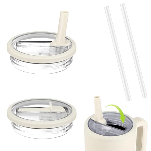 Sprifityy 2 Stück Ersatzdeckel für 40oz Becher,Wiederverwendbarer Auslaufsichere und Staubdichte Tumbler Abdeckungen Becher,mit Trinkhalmen,Für Stanley Cup Zubehör Ersatzdeckel Deckel (Beige) von Sprifityy