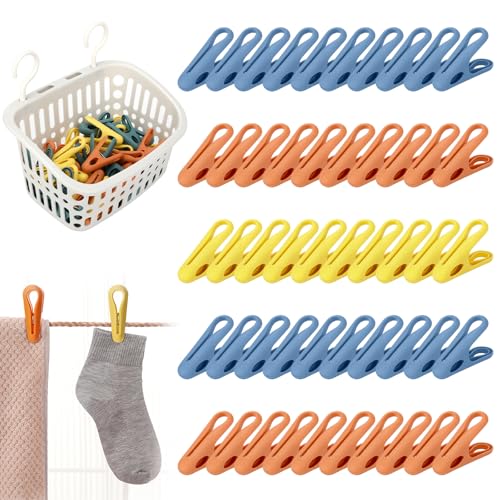 Sprifityy 50 Pieces with Basket Clothes Pegs with Basket Wäscheklammern stabil ohne Abdruck Soft Clips,aus Kunststoff,rutschfeste Wäscheklammern für Wäscheleine oder Wäscheständer (Grün,Orange, Gelb) von Sprifityy