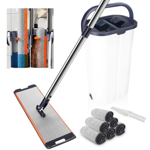 Wischmopp Set mit Eimer, Set mit 6 Mikrofaser Pads und Ausgestattet mit 164cm verlängertem und verdicktem Griff, trennt Schmutz von Frischwasser,Wischmopp mit Auswringfunktion für Alle Böden(40*12cm) von Sprifityy