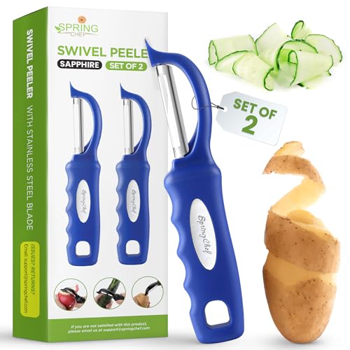 Spring Chef 2 Stück Sparschäler aus Edelstahl Schwenkbar für Küche Spülmaschinenfest Kartoffelschäler mit Komfortabler Griff Scharfe Klingen Ideal für Apfel, Karotte, Gemüse, Obst - 2er Set - Saphir von Spring Chef