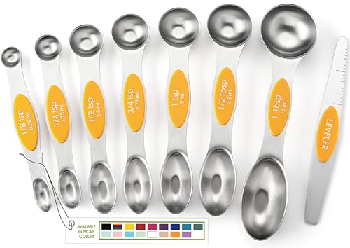 Spring Chef Magnetische Messlöffel aus Edelstahl, 8 Stück, mit Nivellierer, zweiseitiger Metall-Teelöffel & Esslöffel, Küchenhelfer zum Backen und Kochen, passt in Gewürzgläser - Mango von Spring Chef
