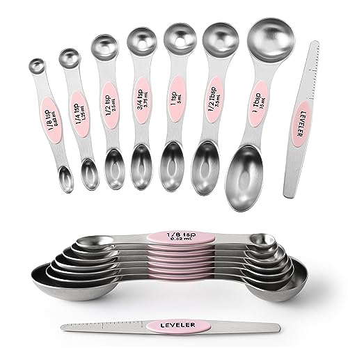 Spring Chef Magnetisches Messlöffel-Set, doppelseitig, Edelstahl, passt in Gewürzgläser, rosa Limonade, 8 Stück, 2 Stück von Spring Chef