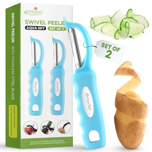 Spring Chef Premium Edelstahl Gemüseschäler für Küche Spülmaschinenfest Kartoffelschäler mit Rutschfestem Griff schälen Apfel, Obst, Gemüse, Karotte, Mango - 2er Set - Aqua Sky von Spring Chef