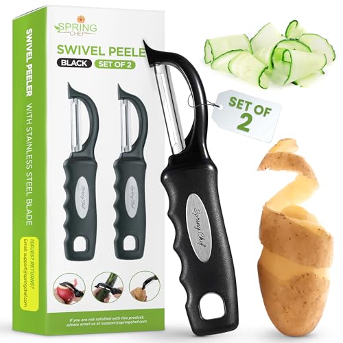 Spring Chef Premium Schwenkbarer Gemüseschäler, weicher Griff und ultrascharfe Edelstahlklingen, perfekter Küchenschäler für Gemüse, Obst, Kartoffel, Karotte, Apfel, Schwarz, 2 Stück von Spring Chef