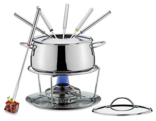 Spring Fondue Set SWISS ECO | aus Edelstahl | Rechaud Brenner | inkl. 6 farbig markierten Fondue Gabeln, Fondue Deckel und Spritzschutz | für Gas- und Elektroherde geeignet | 2L | Ø18cm von Spring