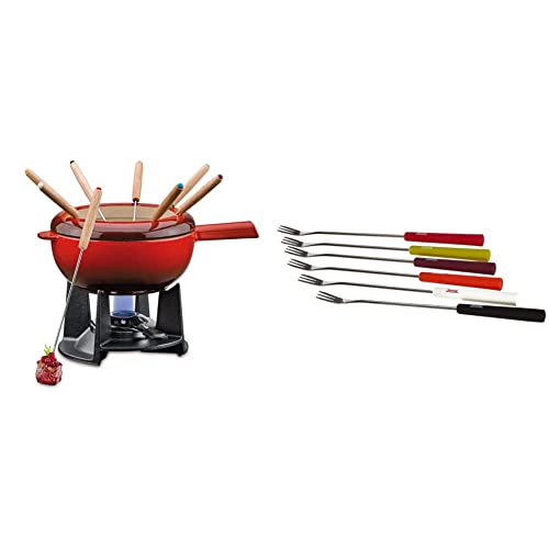 Spring Gusseisen Fondue Set rot | Ø 20 cm | mit 8 Fonduegabeln und Spritzschutz | Rechaud Brenner & 2890260606 Käsefondue-Gabeln Basic bunt 6 Stück, Edelstahl, Silber, 2 x 12 x 27,5 cm von Spring