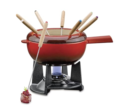 Spring Gusseisen Fondue Set rot | Ø 20 cm | mit 8 Fonduegabeln und Spritzschutz | für Käsefondue, Fleischfondue | Rechaud Brenner von Spring