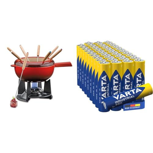 Spring Gusseisen Fondue Set rot | Ø 20 cm | mit 8 Fonduegabeln und Spritzschutz | für Käsefondue & VARTA Batterien AAA von Spring