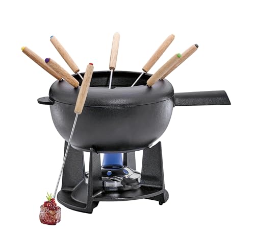 Spring Gusseisen Fondue Set schwarz | Ø 20 cm | mit 8 Fonduegabeln und Spritzschutz | für Käsefondue, Fleischfondue | Rechaud Brenner von Spring