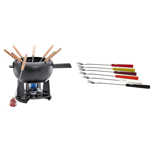 Spring Gusseisen Fondue Set schwarz | Ø 20 cm & 2890260606 Käsefondue-Gabeln Basic bunt 6 Stück, Edelstahl, Silber, 2 x 12 x 27,5 cm von Spring