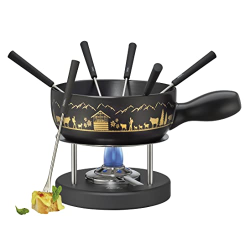 Spring Käsefondue Set MONTANA | aus Keramik | schwarz mit goldenen Alpenmotiven | Rechaud Brenner aus Metall/Edelstahl | inkl. 6 Fondue Gabeln | für alle Fondue-Arten geeignet | 2L | Ø22cm von Spring