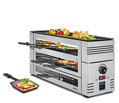 Spring PIZZA RACLETTE 6 Personen, silber, Raclette mit Pizzafunktion, 6 Raclette Pfännchen & Raclette Schaber, Abstellebene, Tischgrill elektrisch, 46 × 16 × 21,5 cm, 1100W, Raclette Grill von Spring